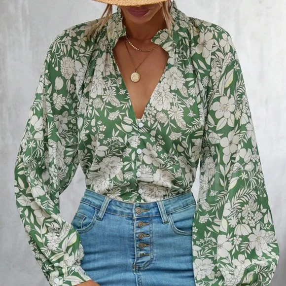 Floral Print Green White Button Down Shirt Bishop Long Sleeve - Picture 4 of 11